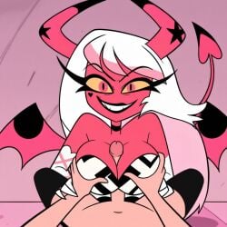 accurate_art_style ai_generated big_breasts clothed demon demon_girl helluva_boss horns human looking_at_viewer paizuri paizuri_lead_by_male pink_skin pov succubus titjob verosika_mayday_(helluva_boss) vivienne_medrano white_hair wings