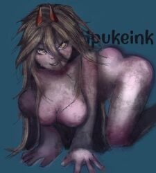 anime blonde_hair breasts casual_exposure casual_nudity chainsaw_man demon demon_girl demon_horns digital_media_(artwork) dirt dirty female horns long_hair looking_at_viewer medium_breasts nude nude_female pink_hair power_(chainsaw_man) sitting smiling squatting sweat sweating white_skin yellow_eyes