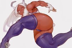 1girls armpits ass boku_no_hero_academia bunny_ears bunny_girl bunny_tail butt calves clothed clothing dark-skinned_female dark_skin eyelashes female female_focus female_only gloves hero_outfit_(mha) ibuo legwear long_hair looking_back miruko muscles muscular muscular_female my_hero_academia pink_eyes rumi_usagiyama solo solo_female solo_focus thighhighs white_background white_gloves white_hair