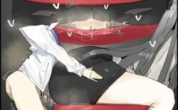 1boy 1boy1girl 1boy1girls 1girls anus_outline ass ass_focus black_lipstick black_ribbon blue_archive bottomless bottomless_male cameltoe choker clothed clothed_female english_text female female_focus gray_hair hair_ribbon kayoko_(blue_archive) kayoko_(dress)_(blue_archive) leebo_(leeboxxx) light-skinned_female light-skinned_male light_skin male male/female pale-skinned_female pale_skin pussy_juice sensei_(blue_archive) sitting sitting_on_chair small_penis steam steamy stool two_tone_hair wet wet_anus wet_pussy white_hair white_skin