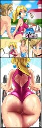 1girls 2boys 4koma ass ass_focus blonde_hair blue_eyes blue_shorts breasts clothing comic crossover dat_ass female from_behind grass holding_hand large_ass large_breasts leotard light-skinned_female light-skinned_male light_skin link luigi male male/female mammal mario_(series) mature mature_female mature_male nintendo open_mouth outdoors ponytail pool princess princess_peach royalty sasatseng swimsuit the_legend_of_zelda thick_ass