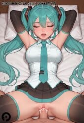 1boy ai_generated aqua_hair armpits arms_behind_head arms_up bed_sheet black_skirt black_sleeves blush breasts closed_eyes cum cum_in_pussy detached_sleeves facing_viewer female hair_between_eyes hatsune_miku long_hair lying necktie on_back open_mouth penis pikkiwynn pillow pleated_skirt pov pussy sex shirt skindentation skirt sleeveless sleeveless_shirt solo_focus spread_legs straight thighhighs thighs twintails uncensored vaginal_penetration very_long_hair vocaloid