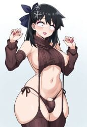 1futa ai_generated black_eyes black_hair breasts brown_clothing civitai detached_sleeves futanari genderswap_(mtf) hair_ornament hairbow komi-san_wa_komyushou_desu lipstick nails_painted pink_eyeshadow rule_63 skindentation tadano_hitohito tagme thighhighs virgin_killer_sweater
