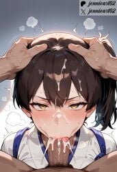 1boy :>= ai_generated bangs blush breasts brown_eyes brown_hair clothed_female clothed_female_nude_male clothing cum cum_in_mouth cum_on_hair dark-skinned_male dark_skin deepthroat erection facial fellatio female female glaring hair_between_eyes hair_ornament hand_on_another's_head head_grab heart interracial irrumatio japanese_clothes jennieart02 kaga_(kancolle) kaga_(kantai_collection) large_penis light-skinned_female looking_at_viewer male male_pov male_pubic_hair nude nude_male oral original patreon patreon_logo patreon_username penis ponytail pov_crotch pubic_hair saliva school_uniform semen shirt side_ponytail solo_focus straight sweat tears tongue tongue_out twintails twitter twitter_username uniform veins veiny_penis watermark white_shirt yellow_eyes