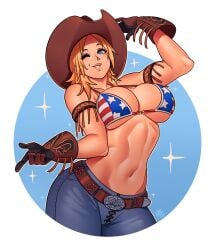 1girls american_flag_bikini athletic_female bikini_top blonde_hair blue_eyes cleavage cowboy_hat dead_or_alive fit_female jeans large_breasts medium_hair ravenousruss tina_armstrong wink