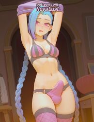 1boy 1futa 2025 ai_generated arcane armpits artist_name blue_hair braid chair cock dick erection fishnet_legwear fishnets futanari hi_res high_quality high_resolution highres indoors jinx_(league_of_legends) league_of_legends long_braid long_hair male_focus navel novalust open_mouth otoko_no_ko patreon patreon_username penis single_braid solo stable_diffusion striped testicles thighhighs twin_braids undressing very_long_hair watermark