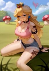 1girls 2d ai_generated ass back bare_shoulders big_ass big_breasts blonde_hair blue_eyes collar corrupted corruption crown day denim_shorts erophoenix evil_grin evil_smile female female_focus full_body fur_lined_shorts jewelry long_hair looking_at_viewer mario_(series) nintendo outdoors pale_skin pale_skinned_female patreon_username princess_peach shorts sitting sky smile solo sports_bra super_mario_bros. super_smash_bros. thick thick_thighs uncensored