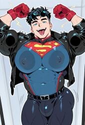 1boy against_glass ai_generated big_ass big_breasts big_pecs bulge conner_kent dc dc_comics gayafgramsci kon-el male male_focus male_only muscular muscular_male pressed_against pressed_on_glass solo superboy superboy_(conner_kent) superhero superman_(series)