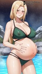 ai_generated bare_shoulders big_belly bikini blonde_hair blush boruto:naruto_next_generations breasts brown_eyes cleavage closed_mouth collarbone covered_nipples cowboy_shot facial_mark female forehead_mark green_bikini hand_on_own_stomach hands_on_own_stomach large_breasts lips long_hair looking_at_viewer low_twintails mature_female mykibuu nail_polish naruto naruto(series) naruto_(series) navel night night_sky nipples onsen outdoors pink_lips pink_nails pregnant rock see-through sky smile solo standing star_(sky) starry_sky stomach swimsuit thighs tsunade tsunade_(naruto) twintails wading water wet
