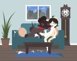 accessory ahoge animal_ears anthro black_hair blue_eyes blush bodily_fluids body_fur bow_ribbon bra_on_floor breasts brown_hair christine_fury christine_fury_(character) clock closed_eyes clothes_removed clothing colored_skin cum cum_in_mouth cum_inside cum_overflow dark_body dark_skin day dog_ears duo ears_up ejaculation eyewear fellatio female flat_colors floor furniture futa_with_female futanari genital_fluids genitals glasses hair hair_accessory hair_ribbon hairbow hi_res indoor_sex inside intersex intersex/female interspecies long_hair long_penis nipples nude on_sofa open_mouth oral panties_on_sofa_armrest penile penis pillow plant plant_pot ponytail potted_plant ribbons selfcest sex short_hair sitting small_breasts smile sofa sofa_sex square_crossover tail tail_motion tailwag truesona_(christine_fury_) underwear window wood wood_floor