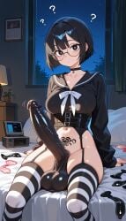 ai_generated belt black_balls black_penis choker condom confused cuaker dickgirl futanari glasses goth_girl huge_cock medium_breasts messy_room night sagging_balls short_hair sitting solo striped_thighhighs used_condoms