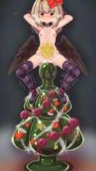 anal_beads arms_behind_head black_wings blonde_hair bowlegged_pose breasts breath censored christmas christmas_tree clitoris collar dark_feather_alma dildo emil_chronicle_online hair_ribbon highres huge_dildo mosaic_censoring nipples pubic_tattoo pussy red_eyes red_ribbon ribbon rna0 sex_toy small_breasts squatting tattoo tearing_up wings