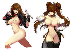 2girls armlet bandaid_on_nose black_fingerless_gloves blood blood_on_face breasts brown_hair claw_(weapon) dungeon_and_fighter dungeon_fighter_online fighter_(dungeon_and_fighter) fingerless_gloves hair_bun jacket kunai lowres multiple_girls nen_master_(dungeon_and_fighter) nipples nude striker_(dungeon_and_fighter) thighhighs twintails