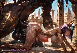 ai_generated all_fours anal anal_sex ancient_egypt anubian_jackal anubis armlet bangs bigger_male blue_eyes blue_eyeshadow breasts bulge bulge_through_clothing cum_in_ass cum_on_ass cum_on_floor cum_on_thighs cumming cumming_together cumming_while_penetrated cumshot dark-skinned_female dark-skinnedsub dark_skin egypt egyptian egyptian_clothes egyptian_clothing egyptian_female egyptian_headdress egyptian_mythology erect_penis erection excessive_cum female from_behind futanari goddess hanging_breasts headwear horse_penis intersex makeup male male_on_futa manofmidas monster_on_futa neith_(smite) nipples penis purple_hair revealing_clothes short_hair size_difference smite stomach_bulge stomach_deformation sweat wet_body wet_clothes wet_skin