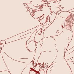 1:1 2020 abs anthro balls blush canid canine canis clothed clothing domestic_dog embarrassed genitals husky jewelry kemono kouya_(morenatsu) low_res male male_only mammal morenatsu necklace nipples nordic_sled_dog open_clothing open_shirt open_topwear penis run_aki shirt sketch smile solo spitz topwear video_games visual_novel