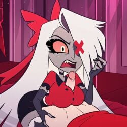 accurate_art_style ai_generated big_breasts breasts clothed duo erection faceless faceless_character fully_clothed grey_skin hazbin_hotel humanoid humanoid_penis male/female offscreen_character outercourse paizuri penis penis_between_breasts smooth_skin straight titjob vaggie_(hazbin_hotel) vivienne_medrano