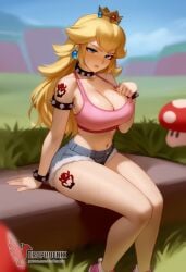 1girls 2d ai_generated ass back bare_shoulders big_ass big_breasts blonde_hair blue_eyes collar corrupted corruption crown day denim_shorts erophoenix evil_grin evil_smile female female_focus full_body fur_lined_shorts jewelry long_hair looking_at_viewer mario_(series) nintendo outdoors pale_skin pale_skinned_female patreon_username princess_peach shorts sitting sky smile solo sports_bra super_mario_bros. super_smash_bros. thick thick_thighs uncensored