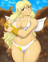 2025 altjon angel angel_wings big_breasts big_breasts bikini blonde_female blonde_hair bra fat_ass gold_cuffs gold_leaves green_eyes ijfirespeed long_hair looking_at_viewer panties proton_jon seductive_smile supericee thick_thighs wringing_hair