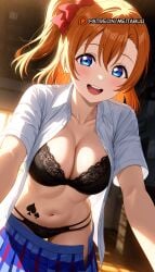 ai_generated anime_coloring black_bra black_panties blacked blacked_clothing blue_eyes blush bow bra breasts cleavage female hairbow kosaka_honoka large_breasts looking_at_viewer love_live! love_live!_school_idol_project meitabuu multiple_girls navel ntr official_art one_side_up orange_hair panties qos_tattoo queen_of_spades_tattoo school_uniform shirt skirt smile solo spade_tattoo striped_clothes tattoos_ewhere teeth underwear upper_teeth_only