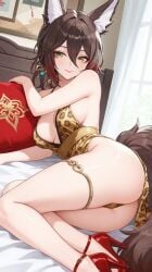 1girls ai_generated animal_ears ass ass ass_focus athletic athletic_female bare_arms bare_shoulders bed bedroom breasts brown_hair butt_focus cleavage commentary_request deep_cleavage dress earrings female female_focus female_only fox_ears fox_girl fox_tail green_eyes hair hair_between_eyes hair_ornament high_heels honkai:_star_rail honkai_(series) hoyoverse indoors inside laying_on_bed leopard_print leopard_print_panties lia_the_busty_redhead looking_at_viewer lying_on_side makeup medium_breasts mihoyo multicolored_hair no_bra panties pillow ponytail red_high_heels red_shaihoes self_upload shoes sideboob skimpy skimpy_clothes skimpy_outfit slender_body smile smiling smiling_at_viewer solo solo_female solo_focus tagme tail thigh_strap thighlet thighs tied_hair tingyun_(honkai:_star_rail)