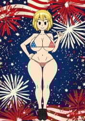 1girls 4th_of_july american_flag_bikini background big_breasts bikini blonde_hair boots breasts fallout female full_body huge_breasts light-skinned_female solo vault_girl