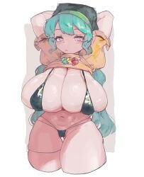 1girls 2d 4qw5 arms_behind_head arms_up belly belly_button big_breasts blue_hair blush bra breasts female female_focus hat keiki_haniyasushin long_hair necklace open_mouth panties pink_eyes solo spiral_eyes thick_thighs thigh_strap thighs tight_clothing tight_fit touhou underwear