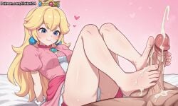 1boy 1girls 2026 ai_generated blonde_female blonde_hair blue_eyes cum cum_on_body cum_on_feet cum_on_lower_body feet female foot_fetish foot_focus footjob girl hattori34 indoors mario_(series) on_bed penis princess_peach underwear veiny_penis