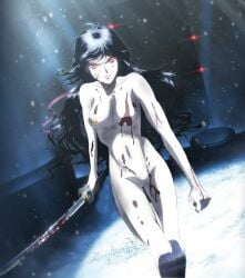 1girls angry_expression black_hair blood blood-c blood_on_body blood_on_breasts blood_on_face blood_on_leg blood_on_sword blood_stain breasts edit edited_image female foot_out_of_frame hair_ribbon katana kisaragi_saya long_hair looking_at_viewer medium_breasts naked nude nude_edit nude_female red_eyes red_ribbon saya_kisaragi shining_eyes solo solo_female spotlight sword thunder1928