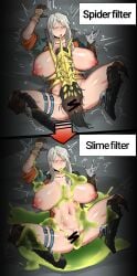 1boy 1girls after_fellatio after_sex after_vaginal bar_censor blowjob blush breasts censor_bar censored clothed clothed_female_nude_male clothed_sex clothing colored_cum cum cum_in_mouth cum_in_pussy cum_inside cum_on_body cum_on_breasts cum_on_lower_body cum_on_upper_body dialogue english_text female grey_hair hotsaurus huge_breasts hunter_(monster_hunter) long_hair looking_at_viewer male male/female monster monster_hunter nipples oral oral_sex penetration rolling_eyes speech_bubble text vaginal vaginal_insertion vaginal_penetration vaginal_sex