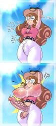1futa breasts breasts_out dialogue erection fully_clothed futa_only futanari solo surprised sweat talking_to_self vulkinx wardrobe_malfunction