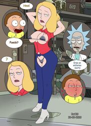 1girls 2boys adult_swim artist_on_twitter beth_smith dialogue female fully_clothed male mature_female morty_smith multiple_boys parody red_shirt rick_and_morty rx120 speech_bubble speech_bubbles twitter