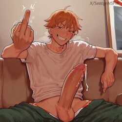 1boy ai_generated anime big_penis blonde_hair chainsaw_man cum denji_(chainsaw_man) gay male_focus middle_finger pants_down seatyn_nsfw sharp_teeth smiling solo thick_penis underwear yaoi
