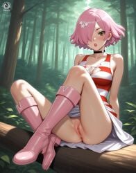 1girls ai_generated clitoral_hood clitoris dr.stone dress female full_body luna_wright pussy seacreator sitting sitting_on_tree solo