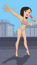 1girls artist_request blue_eyes blue_sky bra brown_hair city_background dildo disney disney_channel disney_xd female holding_dildo outdoors panties phineas_and_ferb rooftop socks_removed solo standing underwear underwear_only vanessa_doofenshmirtz