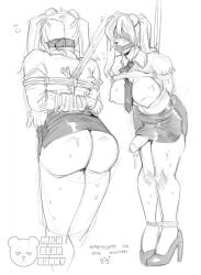 anthro arms_tied ass ball_gag bear big_butt blindfold bodily_fluids bondage bottomwear bound breasts clothing erection erection_under_clothing erection_under_skirt footwear futanari gag gagged genitals gigi_(milkbearbunny) hands_behind_back hi_res high_heels intersex legs_tied mammal milkbearbunny nipples nonbinary_(lore) penis rear_view restraints rope rope_bondage rope_harness shirt shoes simple_background skirt solo standing submissive submissive_anthro submissive_futa submissive_intersex sweat sweatdrop sweaty_breasts sweaty_butt sweaty_legs sweaty_thighs thick_thighs topwear twintails white_background