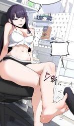 baengkki bang_choah bare_arms bare_legs bare_shoulders bare_thighs barefoot belly_button black_hair breasts choker cleavage collarbone crop_top crossed_legs feet foot_focus footjob grin holding_penis indoors long_hair manhwa medium_breasts milf_exchange_plan no_panties parted_lips pornhwa purple_eyes shiny_skin shorts sitting thighs toes webtoon