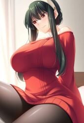 1girls 2025 ai_generated assassin bare_shoulders bed bedroom big_breasts black_hair black_legwear blush breasts cleavage clothed clothed_female curvaceous curvy curvy_body curvy_female curvy_figure curvy_hips female female_focus female_only fully_clothed house huge_breasts indoors large_breasts legwear light-skinned_female light_skin looking_away nervous pantyhose red_eyes red_sweater shoulders sitting solo solo_female spy_x_family sweater sweater_dress thick_thighs thighs voluptuous voluptuous_female yor_briar