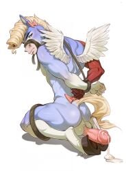 animal_genitalia animal_penis anthro arms_tied ass backsack balls blonde_hair bodily_fluids bound cum ejaculation equid equine equine_genitalia equine_penis femboy genital_fluids genitals gleotee hair hi_res hooves kneeling legs_tied male mammal muscular muscular_anthro muscular_male mythological_creature mythological_equine mythology nude_anthro nude_male pegasus penis purple_body rear_view simple_background solo white_background white_body wings