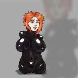 amputee big_breasts black_latex blue_eyes bodysuit ginger ginger_hair latex latex_bodysuit latex_clothing latex_skinsuit latex_suit limbless limbless_amputee looking_at_viewer open_mouth quadruple_amputee red_hair rubber rubber_clothing rubber_suit shiny_clothes simple_background skinsuit worried
