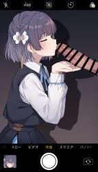 0haribo0 1boy absurdres bar_censor black_skirt black_vest blue_hair blush censored closed_eyes commentary_request erection female flower from_side gakuen_idolmaster hair_flower hair_ornament hataya_misuzu highres idolmaster kissing_penis large_penis long_sleeves male penis shirt short_hair skirt straight veins veiny_penis vest viewfinder white_shirt