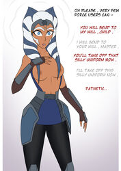 1girls ahsoka_tano alien alien_girl blue_eyes breasts clone_wars drool drooling empty_eyes expressionless female femsub gaping_mouth headband hypnosis jedi_mind_trick mentioned_master mind_control mind_trick nexus_light open_mouth orange_skin star_wars text the_clone_wars:_season_seven togruta topless weak_minded