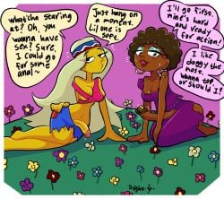 biting_lip blightstar blonde_hair breasts brown_body character_request clothed curly_hair daydream dialogue earrings english_text erection eyeshadow flower flower_field futa_only futanari half-erect hand_on_ground hand_on_hip hippie hoop_earrings interracial inviting_to_sex kneeling leaning long_eyelashes penis_out speech_bubble tagme talking_to_viewer the_simpsons thick_lips underboob yellow_body