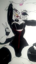 1boy 4_arms angel_dust_(hazbin_hotel) bulge bulge_through_clothing demon drawing fingerless_gloves gold_tooth hazbin_hotel helluva_boss latex long_tongue looking_at_viewer male multi_arm multi_limb on_paper sharp_teeth sinner sissy solo thick_thighs thighhighs tongue twink unknown_artist