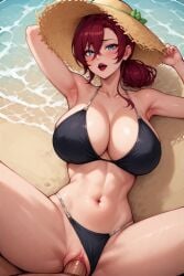 ai_generated black_bikini blue_eyes blush missionary_position red_hair red_lipstick sand sea_side straw_hat vaginal_sex