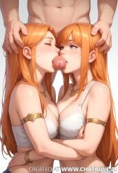 2girls ai ai_generated blowjob fellatio male/female/female penis red_hair sucking_penis