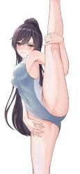 armpits bare_arms bare_legs bare_shoulders bare_thighs belly_button_visible_through_clothing black_hair blue_leotard blush breasts closed_mouth embarrassed groin groin_tendon high_ponytail highleg_swimsuit idolmaster idolmaster_shiny_colors john_kelly long_hair medium_breasts nipples_visible_through_clothing one-piece_swimsuit ponytail shirase_sakuya spread_legs standing_on_one_leg standing_split swimsuit thighs yellow_eyes