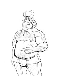 asgore_dreemurr bara beard belly body_hair briefs briefs_only buff chest_hair deltarune dilf furry goat horns line_art long_hair male male_only nat_monkey_art nipples pecs uncolored undertale white_background yaoi