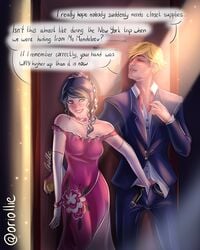 1boy 1girls adrien_agreste adrienette canon canon_couple couple dress english_text grabbing_penis hand_grab hand_in_pants lipstick lipstick_mark marinette_cheng marinette_dupain-cheng miraculous_ladybug oriollie text