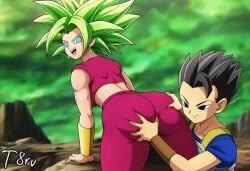 1boy 1girls ai_generated arched_back back_view bending_over bubble_butt cabba clothed clothing dragon_ball dragon_ball_super dragon_ball_z grabbing grabbing_ass grabbing_from_behind green_hair kefla leggings outdoors smile sportswear t8r