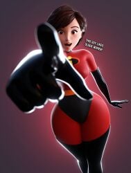 1girls 3d big_breasts breasts brown_eyes brown_hair busty curvy disney elastigirl english_text female female_only helen_parr hips light-skinned_female light_skin milf pixar pixar_mom pointing_at_viewer smitty34 solo solo_female superheroine the_incredibles thick_thighs thighhighs tight_clothing wide_hips